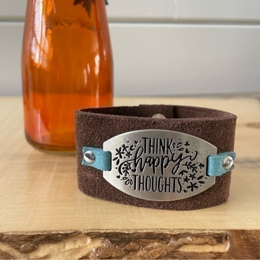 $49 SALE Handmade Happy Thought Suede Leather Cuff Bracelet Brown Blue Unisex